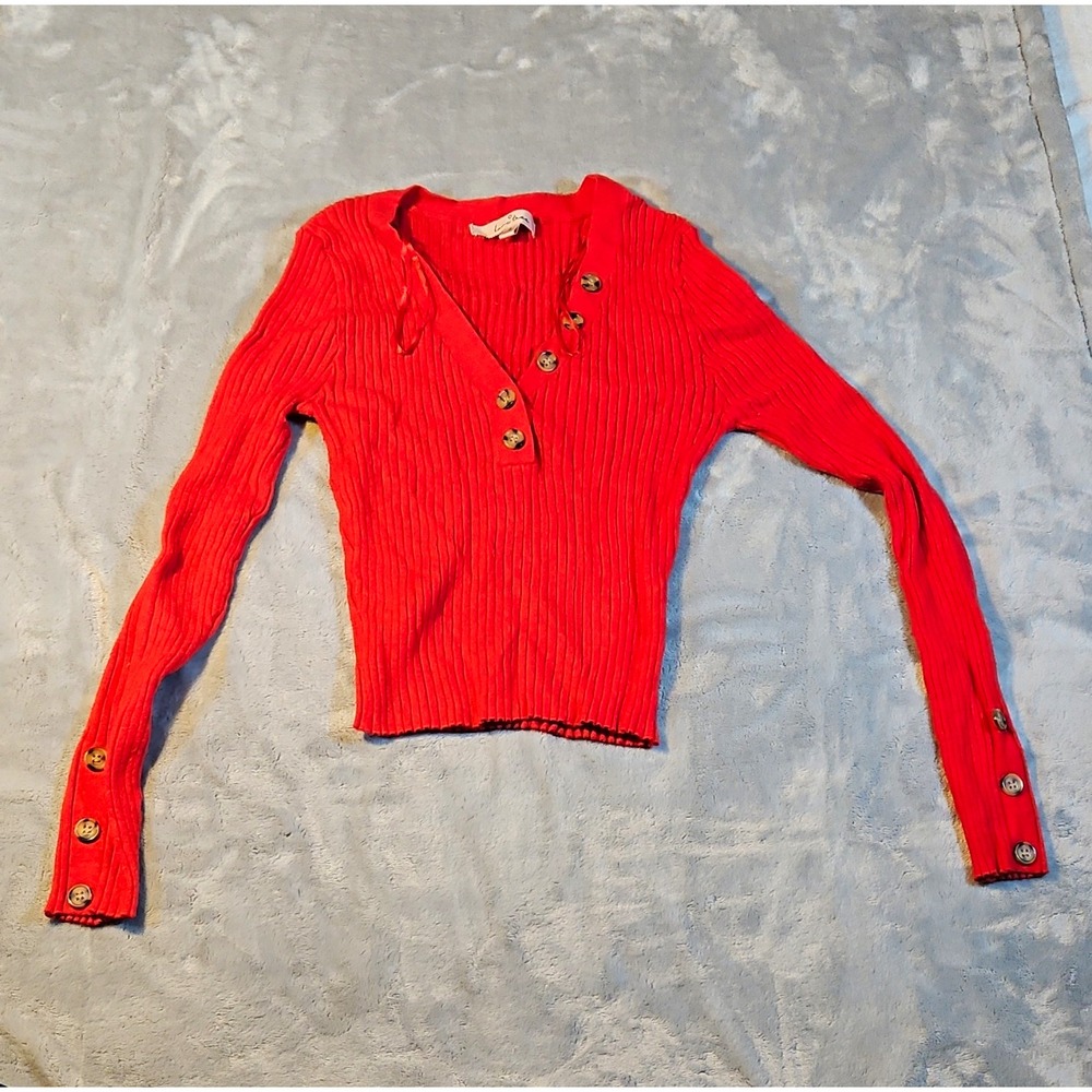 Love Tree Red Rib-Knit V-Neck Pullover Sweater Button Accent Long Sleeve S